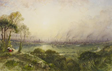 Manchester from Kersal Moor, with rustic figures and goats